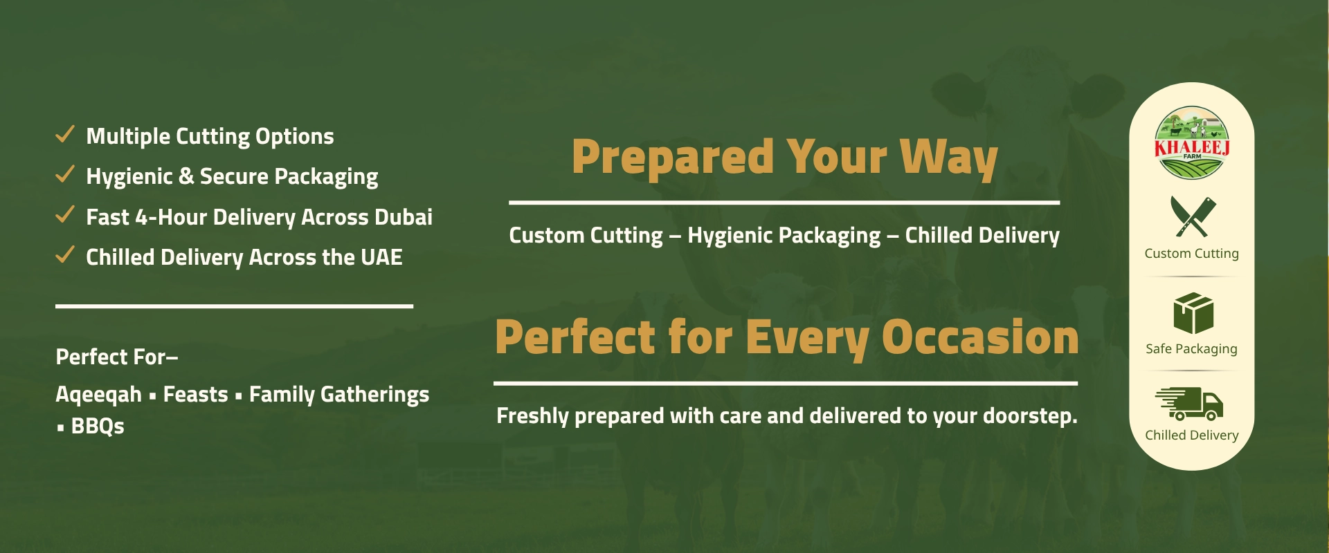 Premium sheep, goats and fresh meat from Al Khaleej Farm for Aqeeqah, family gatherings, BBQ and special occasions.